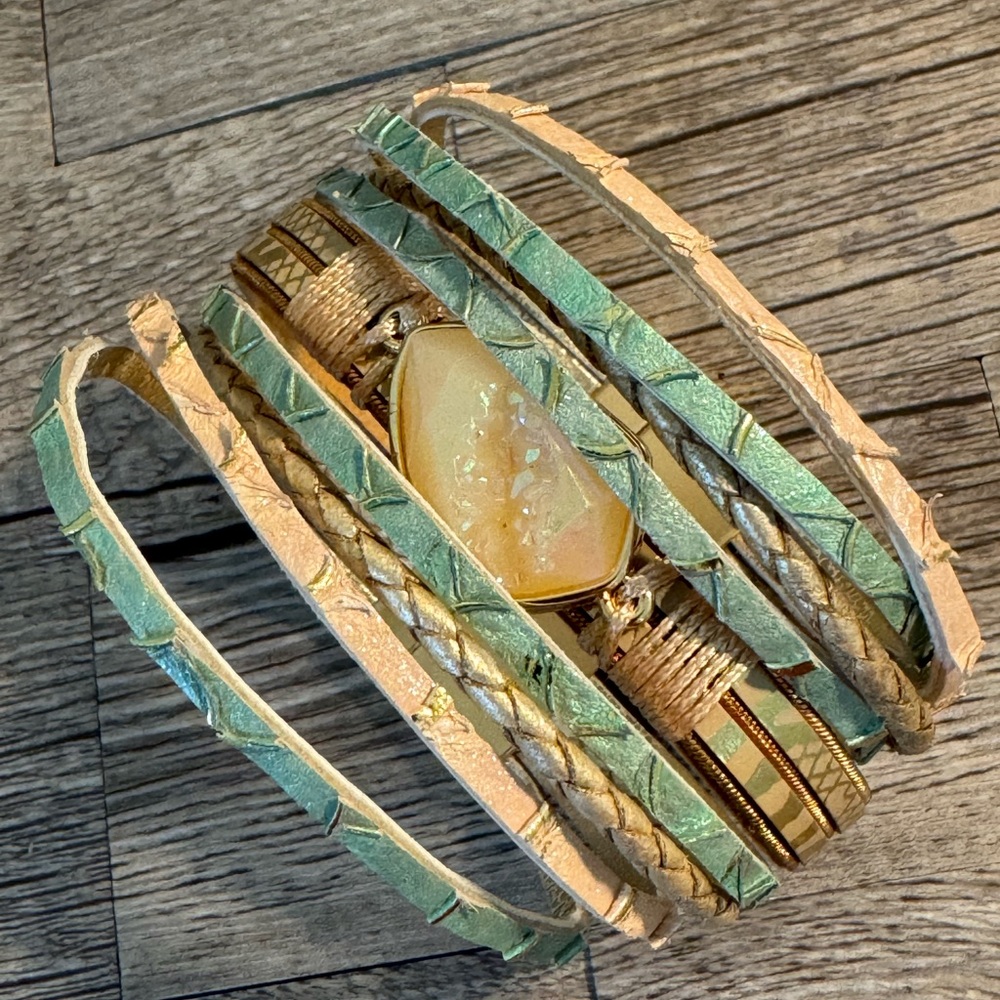 Green and Tan Stone Multilayered Bracelet